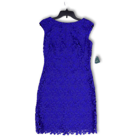 Womens Blue Floral Lace Bateau Neck Sleeveless Back Zip Sheath Dress Size 4 image number 1