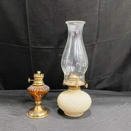 Pair Of Vintage Lamplight Farms Hopnail & Amber Glass Oil Lamps