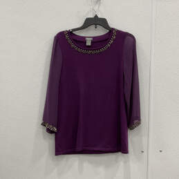 Womens Purple Jeweled Round Neck 3/4 Sleeve Pullover Blouse Top Size Medium