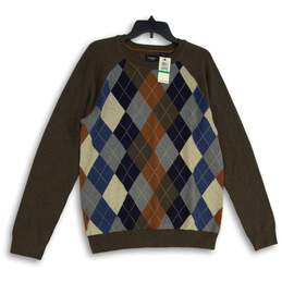 NWT Mens Brown Argyle Crew Neck Long Sleeve Pullover Sweater Size Large