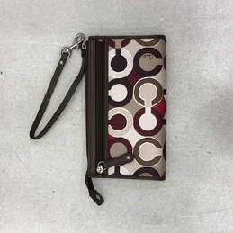 Womens Red Brown Monogram Zip Pockets Detachable Strap Wristlet Wallet alternative image
