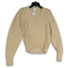 NWT Womens Cream Tight-Knit V-Neck Long Sleeve Pullover Sweater Size M