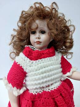Porcelain Doll w/ Red Knit Dress & Wooden Stand alternative image