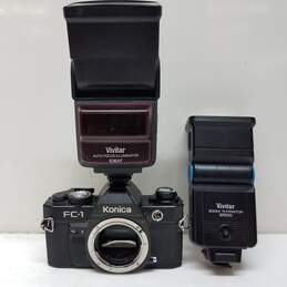 Vintage Konica FC-1 Camera Body with Vivitar Flash - Untested