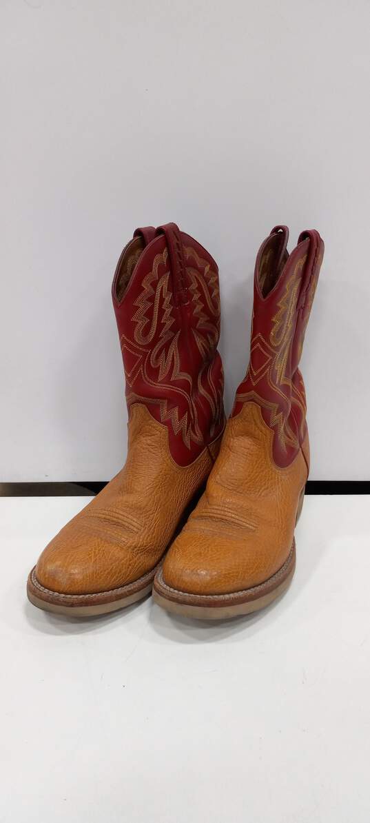 Ariat Men's Red and Tan Leather Cowboy Boots Size 9 image number 1