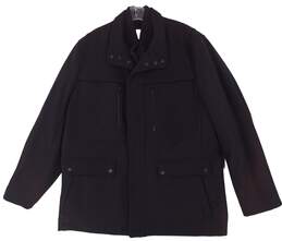 Mens Black Long Sleeve Snap Collar Zip Pocket Pea Coat Jacket Size XL