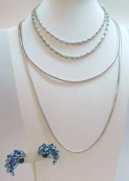 Vintage Trifari Monet Silver Tone Necklaces & Blue Aurora Rhinestone Clip Earrings 87.4g