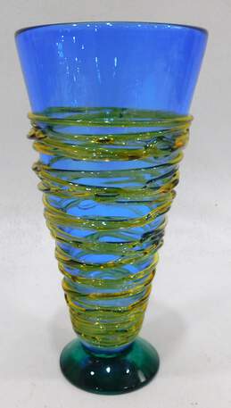 Young-Constantin Hand Blown Art Glass Blue Yellow Teal Vase Signed