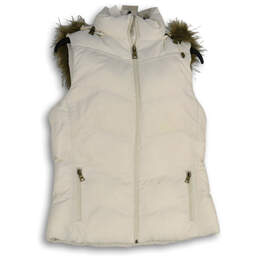 Womens White Mock Neck Detachable Hood Full-Zip Puffer Vest Size M