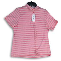 NWT Vineyard Vines Womens Pink White Striped Short Sleeve Polo Shirt Size L