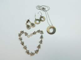 Artisan 925 CZ & Marcasite Pendant Necklace & Earrings w/ Floral Bracelet 18.3g