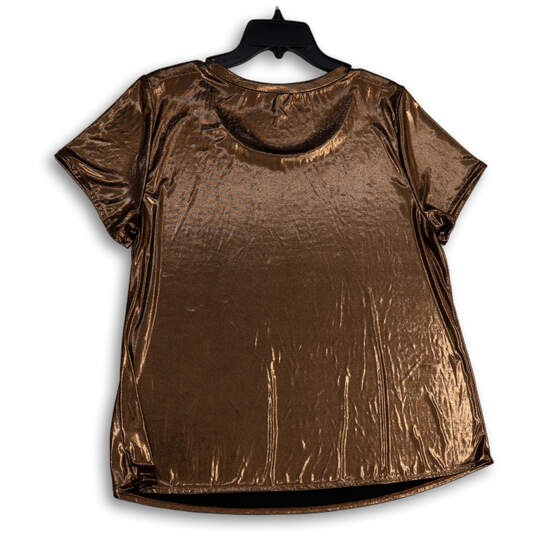 Womens Brown Metallic Liquid Shine Round Neck Pullover Blouse Top Size 1 image number 2