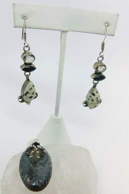 Artisan 925 Petoskey Stone & Faceted Smoky Quartz Pendant & Dalmatian Jasper Onyx & Glass Drop Earrings 19.2g