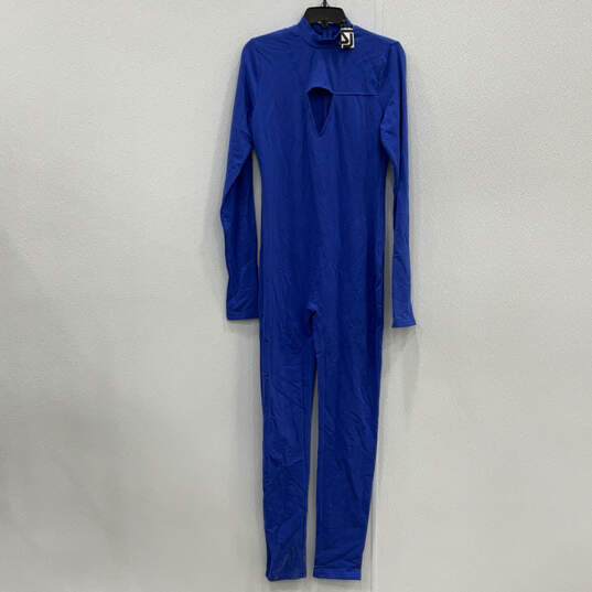 NWT Womens Blue Long Sleeve Mock Neck Back Zip One-Piece Jumpsuit Size XL image number 1