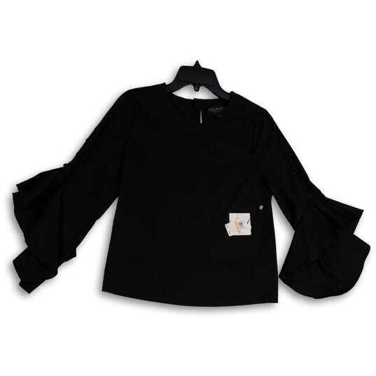 NWT Womens Black Round Neck Ruffle Sleeve Back Keyhole Blouse Top Size 2 image number 1