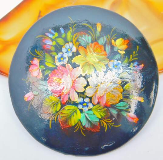 2 - VNTG Russian Multi Color Lacquer Hand Painted Floral Brooches image number 2
