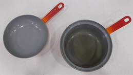 Vintage Descoware Orange Enamel Cast Iron Sauce Pan Pot W/ Frying Pan Lid alternative image