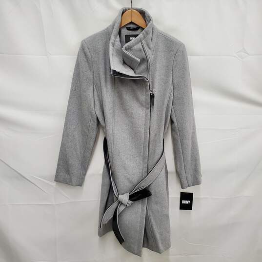 NWT DKNY WM's Wide Lapel Belted Wool Light Gray Trench Coat Size MM image number 1