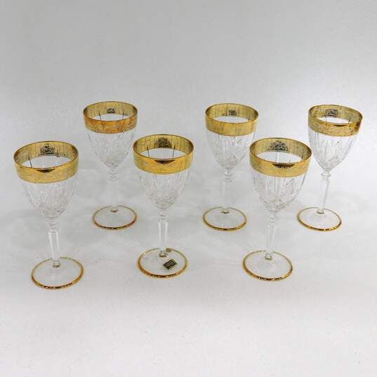 Set Of 6 Creart Italian Hand Cut Crystal Gold Trim Wine Glasses IOB image number 1
