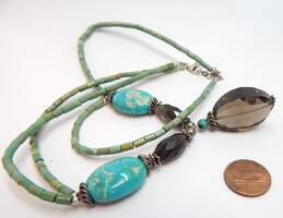 XS Sally C 925 Faceted Smoky Quartz Pendant & Turquoise & Granulated Beaded Double Strand Necklace 51.2g