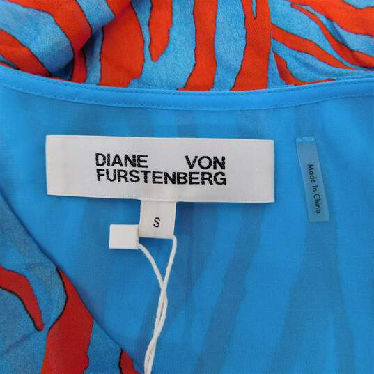 Diane von Furstenberg Jaxson Ruffled Crepe de Chine Blue & Red Zebra Print Women's Midi Dress Size S NWT with COA image number 5