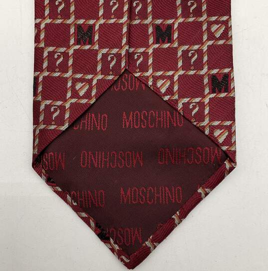 Moschino Brick Red Checkered Logo Hearts & '?' Silk Tie image number 4