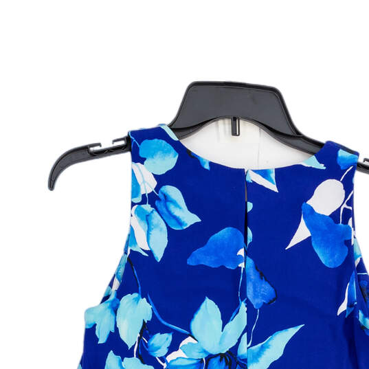 Womens Blue Floral Round Neck Back Keyhole Sleeveless A-Line Dress Size 4 image number 4