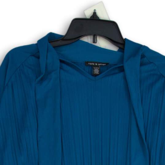 Cable & Gauge Womens Blue Pleated Tie Neck Long Sleeve Blouse Top Size XL image number 3