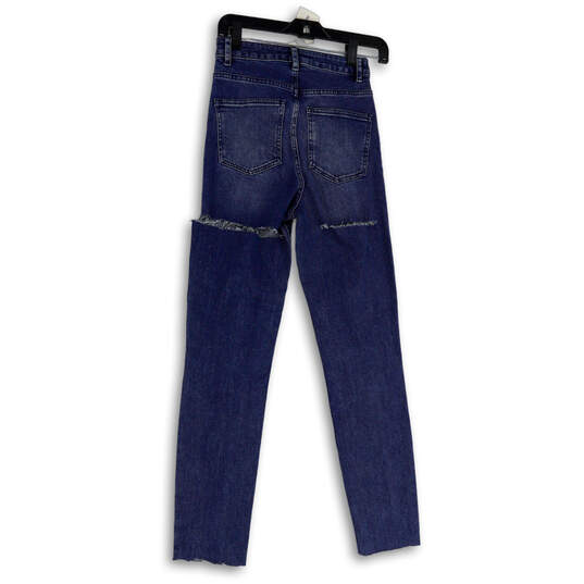 NWT Womens Blue Medium Wash Pockets Raw Hem Denim Skinny Leg Jeans 25/36 image number 2
