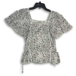 Lucky Brand Womens Gray White Floral Square Neck Short Sleeve Blouse Top Size S