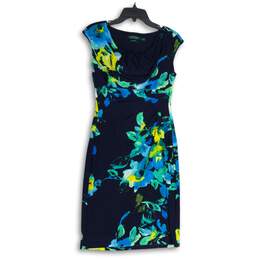 Womens Navy Blue Floral Round Neck Sleeveless Knee Length Sheath Dress Size 4
