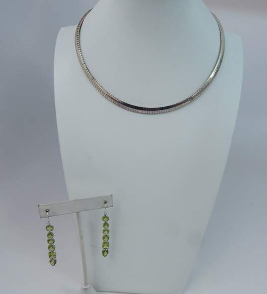 925 Wide Omega Chain Necklace w/Peridot Earrings 25.8g image number 1