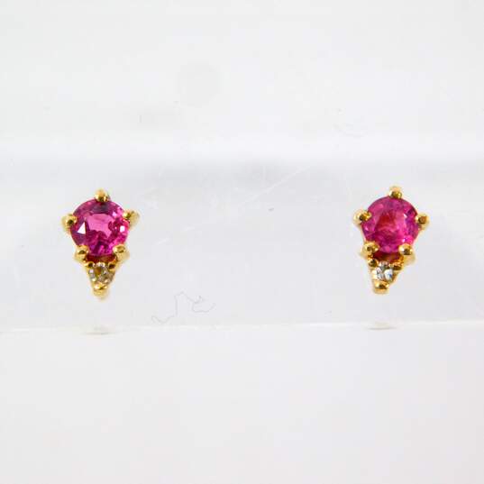 14K Yellow Gold Ruby & Diamond Accent Necklace & Stud Earrings Set 1.9g image number 2