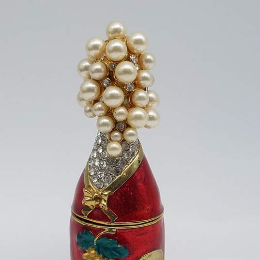 Rucinni Gold Tone Enamel Crystal Faux Pearls Trinket Champagne Bottle 104.6g image number 5