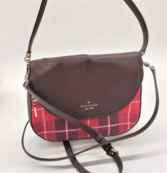 Buy the Kate Spade Leila Plaid Medium Flap Shoulder Bag in Red Fabric &  Leather