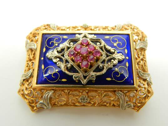 Vintage 18K Yellow Gold Ruby & Cloisonné Blue Enamel Ornate Brooch 17.4g image number 9