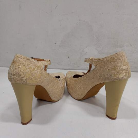 Beige Floral Lace Mary Jane T-Strappy Heels EU Size 38 image number 3