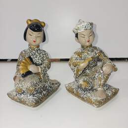 Pair of Vintage Ceramic Asian Boy Reading & Girl Sitting Figurines