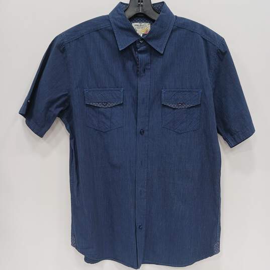 Mens Blue Cotton Pinstripe Short Sleeve Collared Button Up Shirt Size Medium image number 1