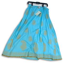 NWT Soft Surroundings Womens Block Print Blue Gold Elastic Waist A-Line Skirt M