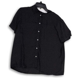 Womens Black White Polka Dot Short Sleeve Collared Button-Up Shirt Size L