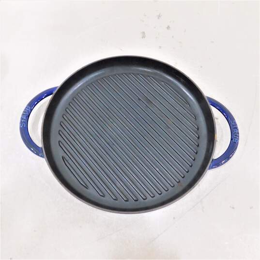 Staub France Blue Round 12 inch Cast Iron Grill Pan w/ Lid image number 2