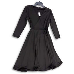NWT Womens Black Pleated Long Sleeve V-Neck Tie Waist Wrap Dress Size XS