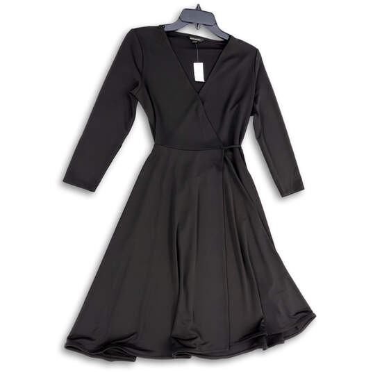 NWT Womens Black Pleated Long Sleeve V-Neck Tie Waist Wrap Dress Size XS image number 1
