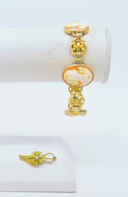 Vintage Gold Filled Carved Cameo Scroll Link Bracelet & Flower Pin 16.7g