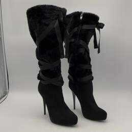Womens Black Ribbon Side Zip Stiletto Heel Knee High Boots Size 10 alternative image