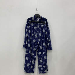Womens Blue Floral Long Sleeve Button Front Shirt And Pajama Set Size XXL