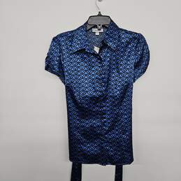 Blue Black Collared Buttoned Up Blouse With Sash