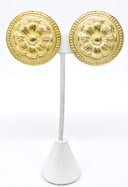 Trifari Marcella Saltz Goldtone Flower Textured Disc Clip On Statement Earrings