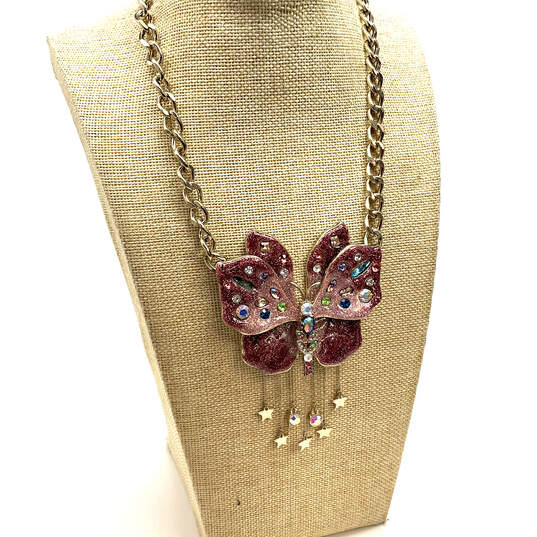 Designer Betsey Johnson Gold-Tone Pink Glitter Butterfly Pendant Necklace image number 2